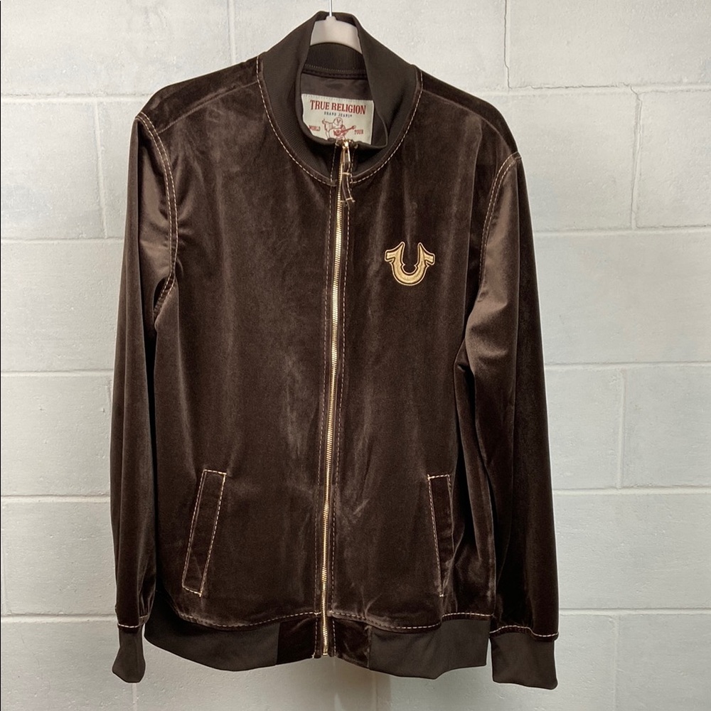 NWT TRUE RELIGION MEN’S BIG T VELVET MOCK NECK ZIP UP JACKET BRACKEN/GOLD‎